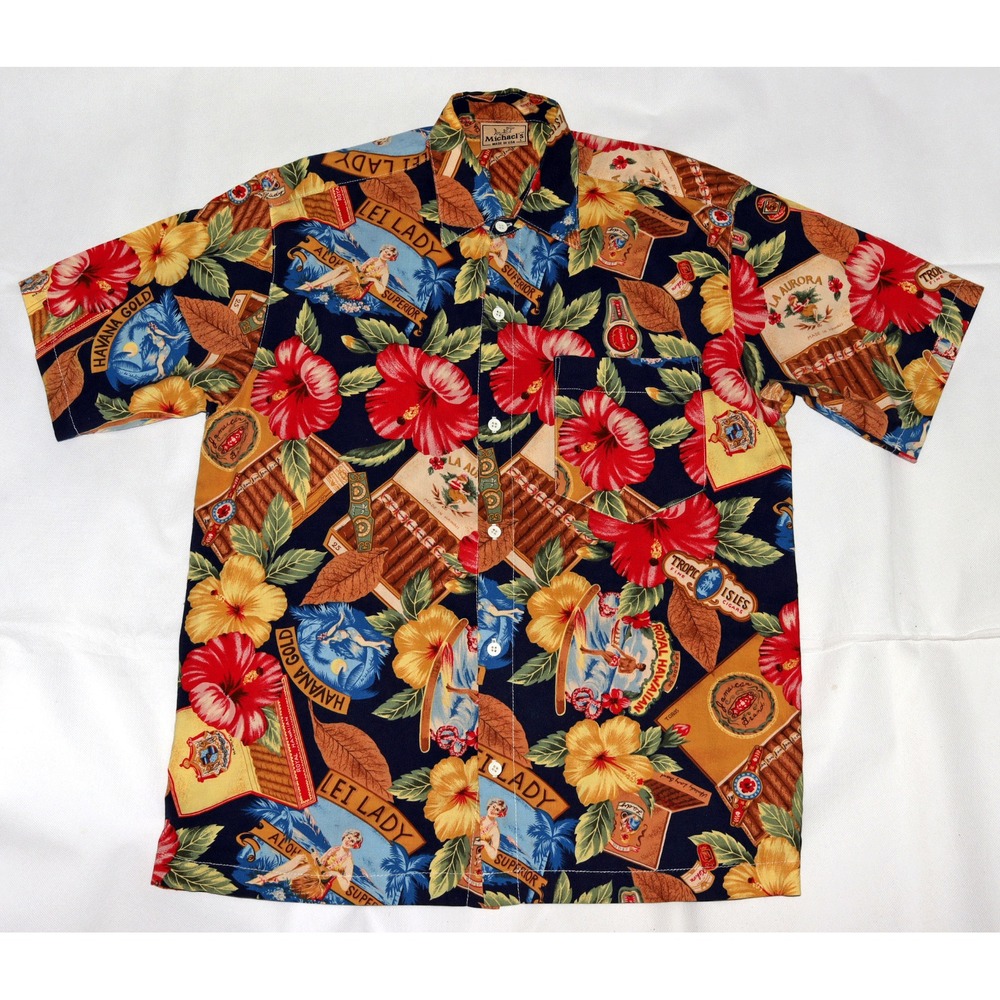 Michael's Men's Short Sleeve Button Front Casual Lei Lady Cigar Shirt Size Large